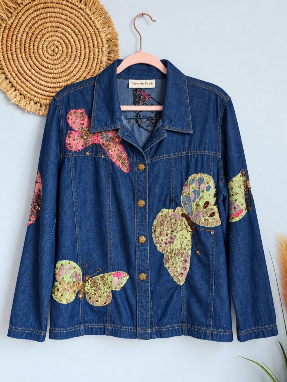 Tapestry Patch Vintage Butterfly Sequin Denim Shirt Jacket Shacket SZ Large Boho